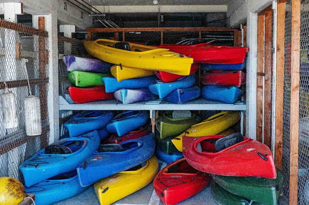 Multiple colorful kayaks stacked on indoor storage shelves