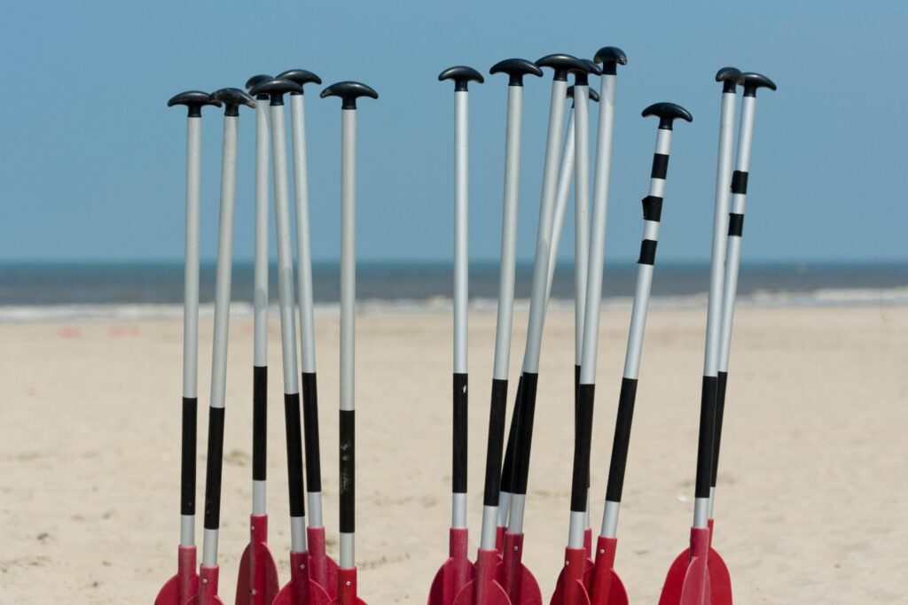 Multiple aluminum kayak paddles standing upright on sandy beach