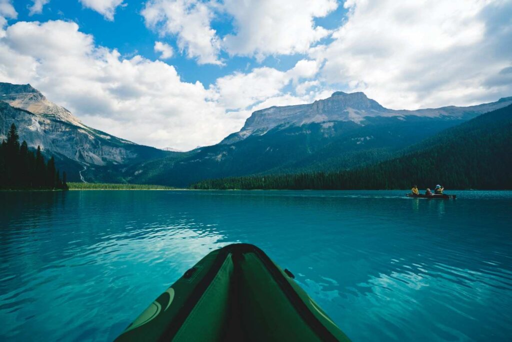 Inflatable Kayak Ready to Launch on Mountain Lake