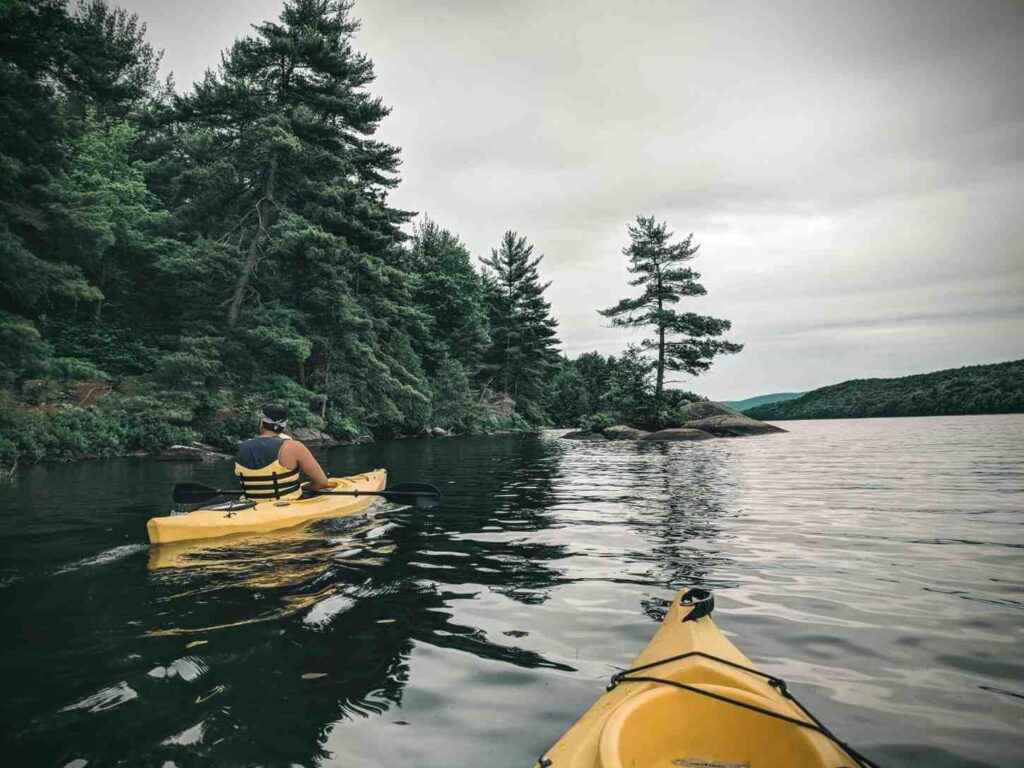 Person in a yellow kayak paddling toward a tree-lined shore under cloudy skies, with another kayak visible in foreground