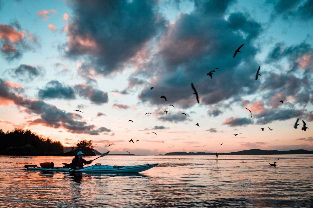 A kayaker paddling across calm water at sunset with dramatic orange and blue clouds and a flock of birds flying overhead