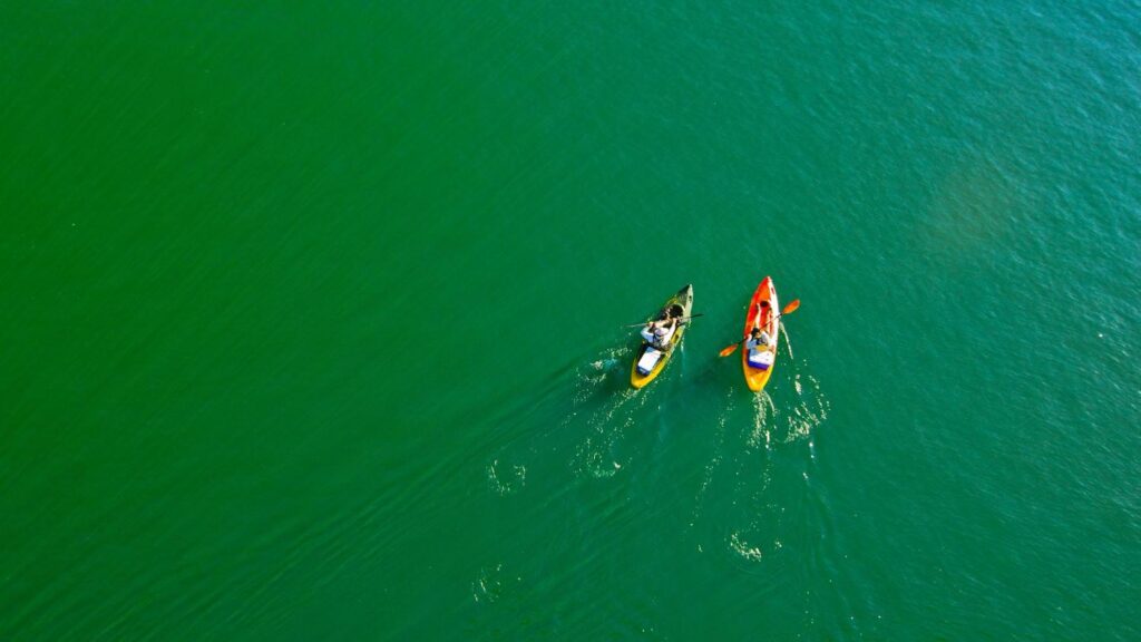 Aerial view of two kayakers in yellow and orange kayaks paddling side by side on calm green water