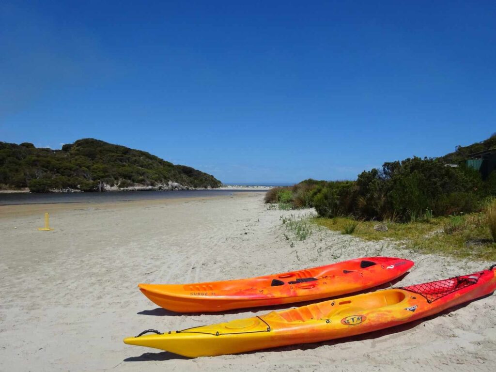Orange and yellow kayaks resting side by side on a sandy beach beside calm blue water