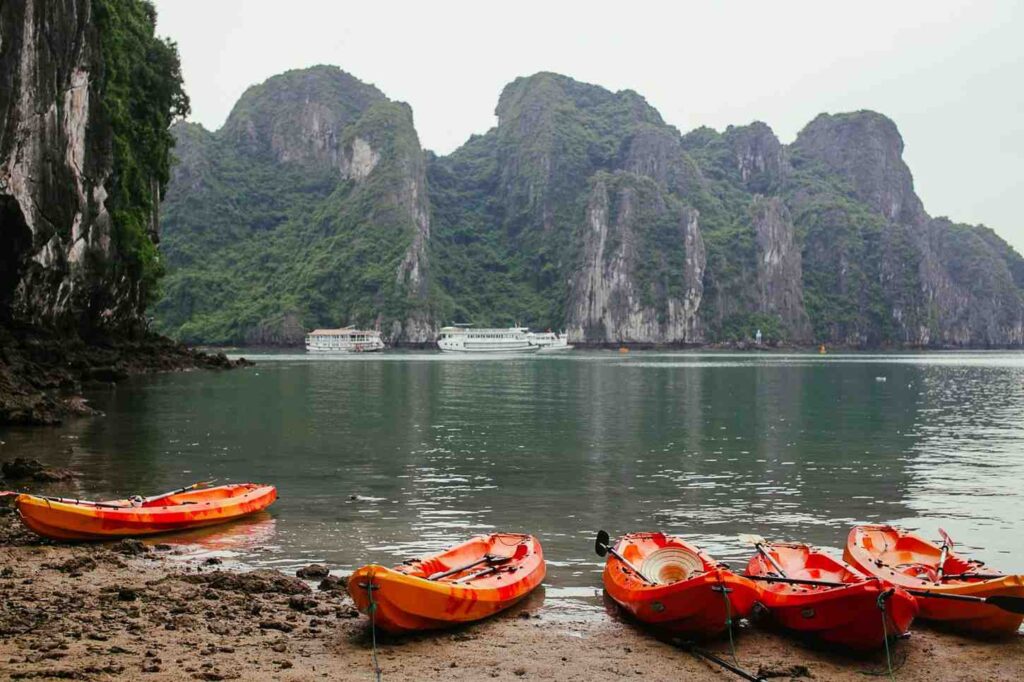 Multiple orange kayaks resting on a muddy shore beneath dramatic limestone cliffs in a coastal bay