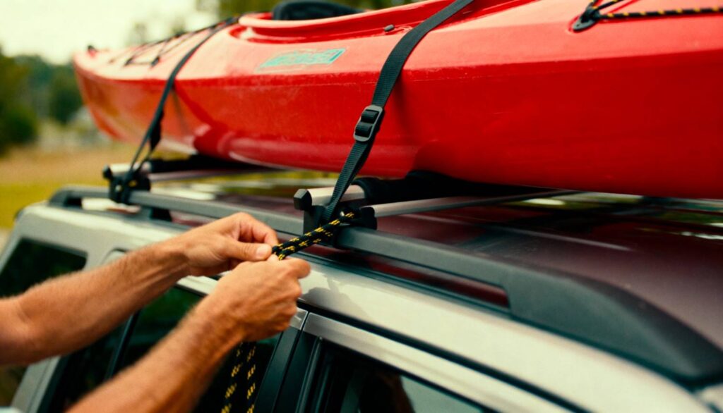Close-up of hands securing a rope to a roof rack crossbar holding a red kayak