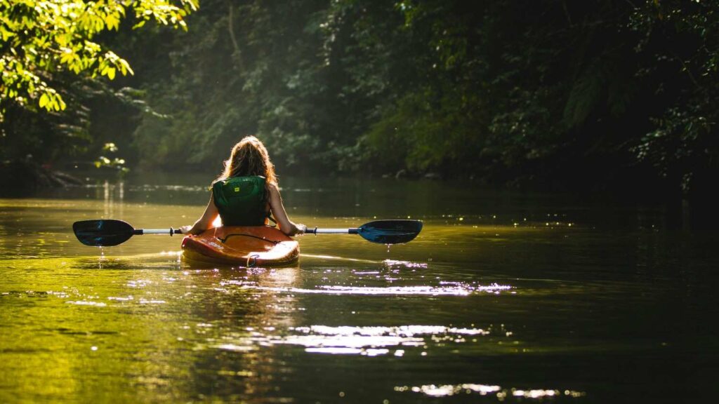 Woman wearing a life jacket kayaking on calm sheltered water surrounded by trees